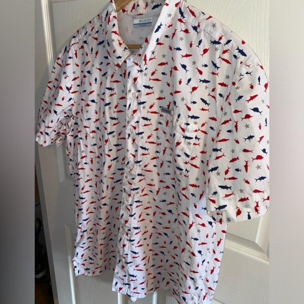 Columbia Red White and Blue Men’s Best Fishing Short Sleeve Shirt, Americana USA - Picture 4 of 8
